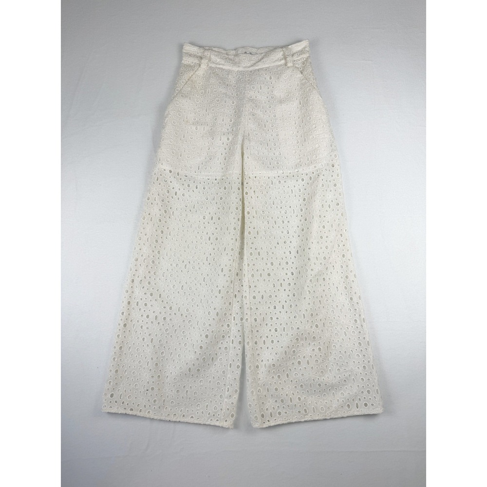 Charo Ruiz Ibiza White Eyelet Lace Wide Leg Pants High Waisted Floral Embroidery